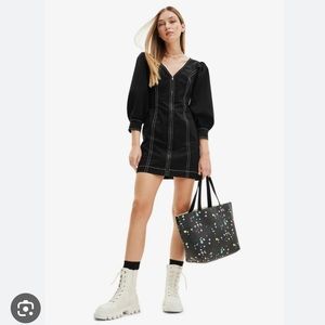 Desigual zip-front mini dress size medium NWT black cotton stretch twill Medium